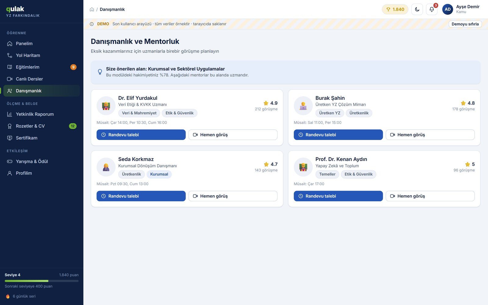 Qulak danışmanlık ve mentorluk ekranı